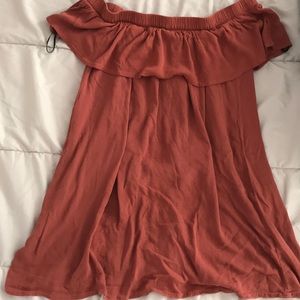 BURNT ORANGE OFF THE SHOULDER DRESS